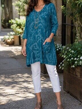 NWT Pont Neuf Teal Textured Jacquard Tunic Top V-Neck 3/4 Sleeve Pocketed